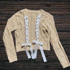 New Small Tan White Ribbon Braid Knit Sweater Cable Bow Wool Blend Trendy